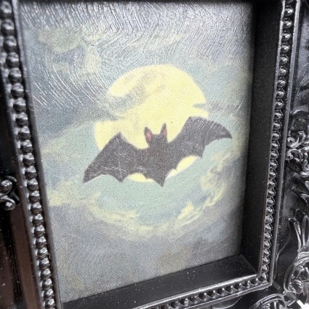 Gothic Bat Art Print Decoupaged Ornate Black Resin Frame Miniature Spooky Decor